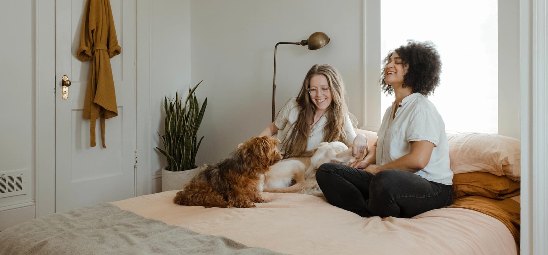 Friends sitting on bed with dogs